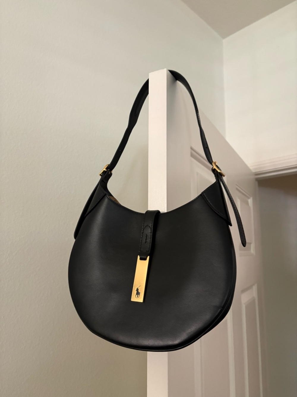 Ralph Lauren Polo ID small Black Leather Shoulder Bag with Gold